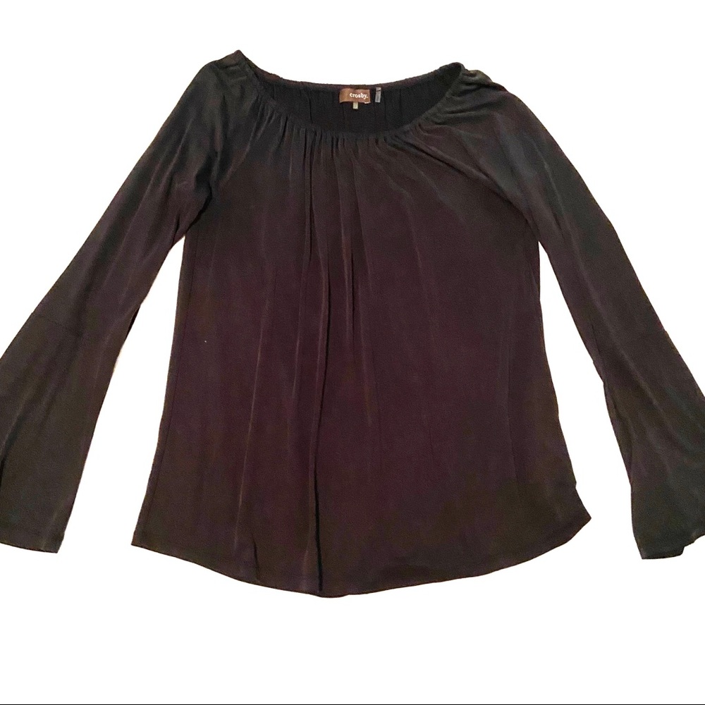 Crosby Long Bell Sleeve Scoop Cinch Neck Black Long Sleeve Flowy Top